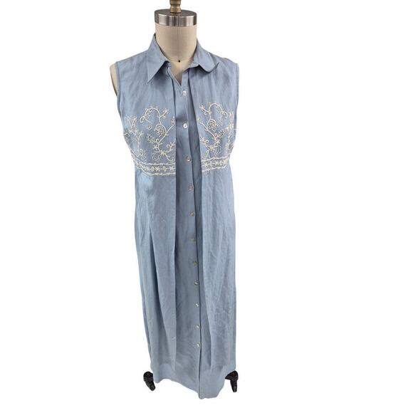 80s VTG NWT Cynthia Howie Maggy Boutique Linen Dress Sky Blue Embroidered Sz 10 - Picture 3 of 7